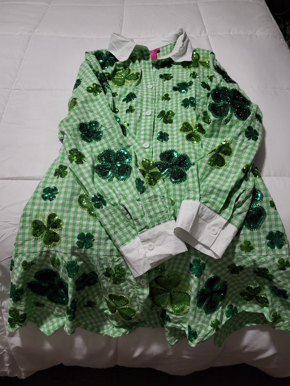 Queen Of Sparkles Green Gingham Sequin Shamrock Button-Up Dress